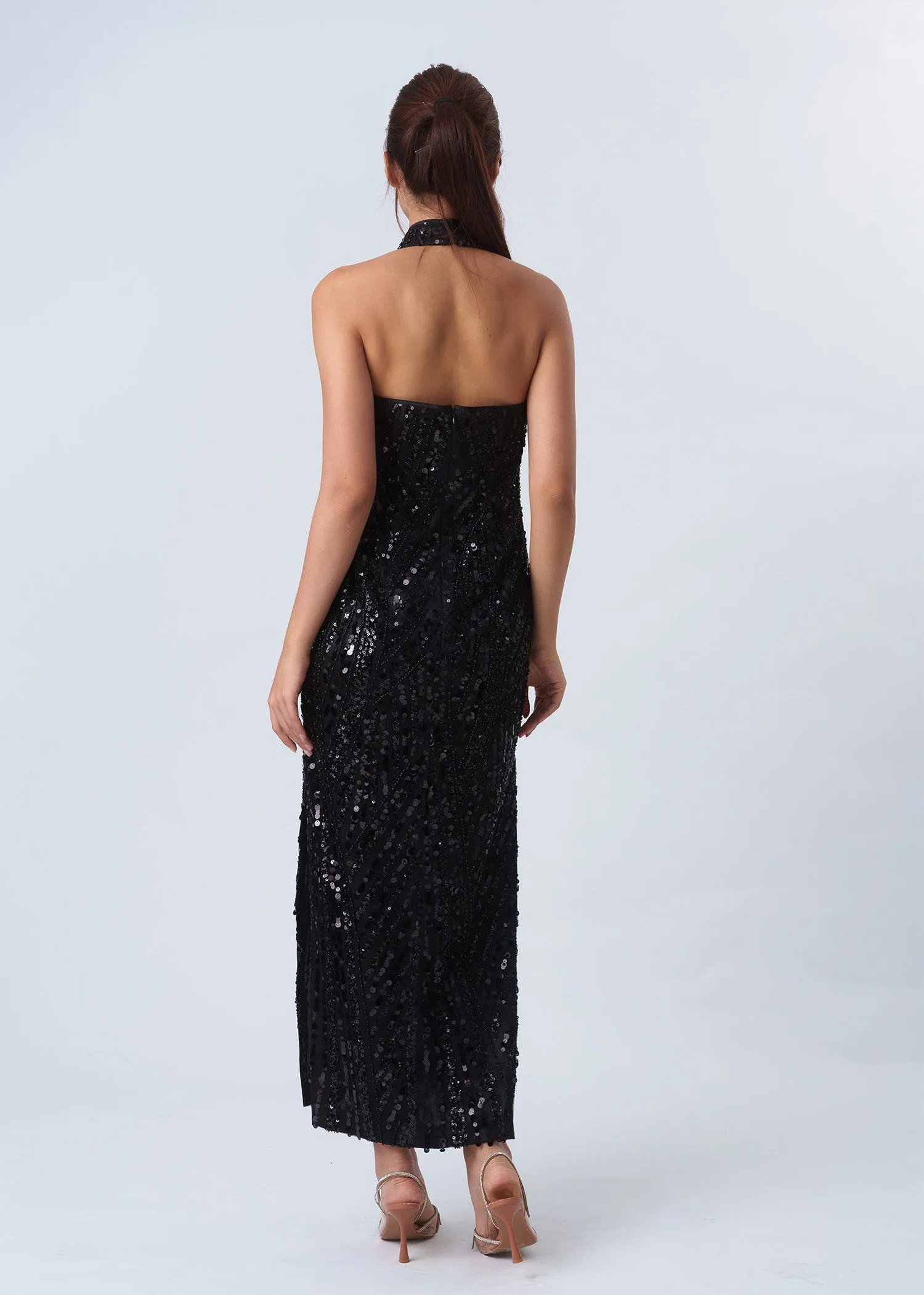 Backless Halter Sequins Qipao (Black)