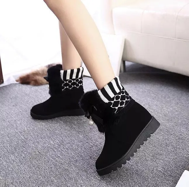Beads Faux Fur Decorate Round Toe Short Snow Boots