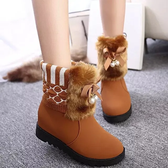 Beads Faux Fur Decorate Round Toe Short Snow Boots