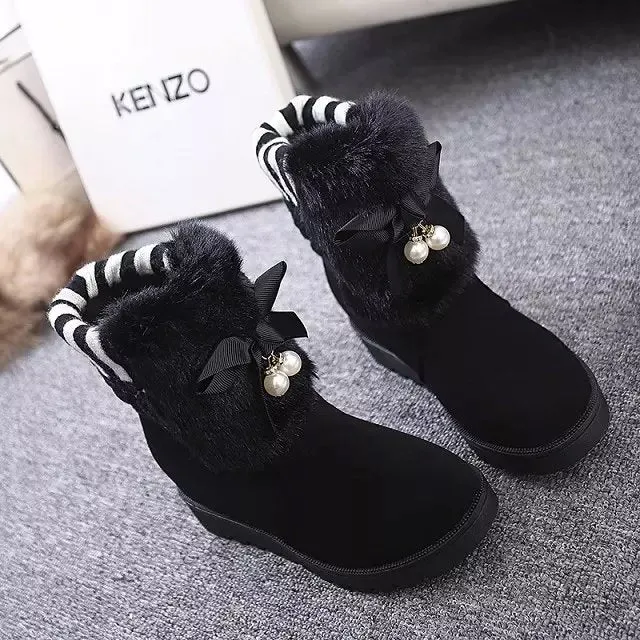 Beads Faux Fur Decorate Round Toe Short Snow Boots